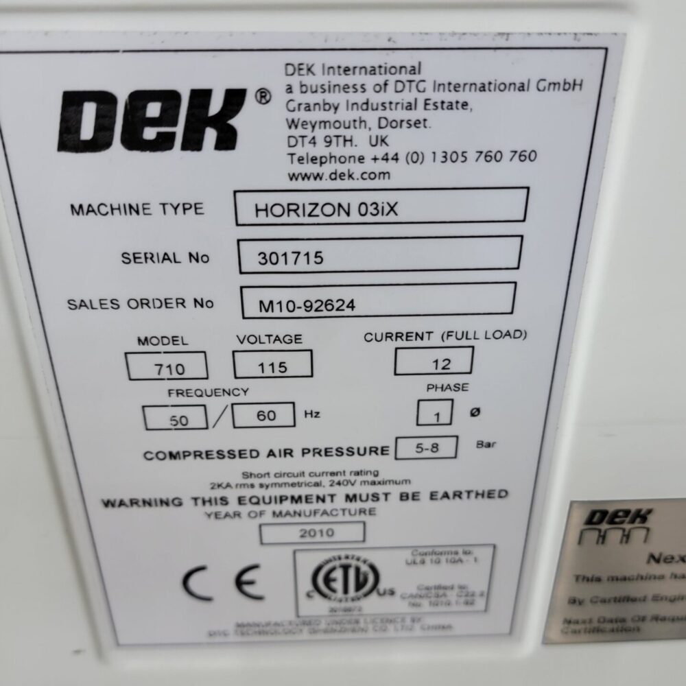 DEK Horizon 03iX Screen Printer ID Tag